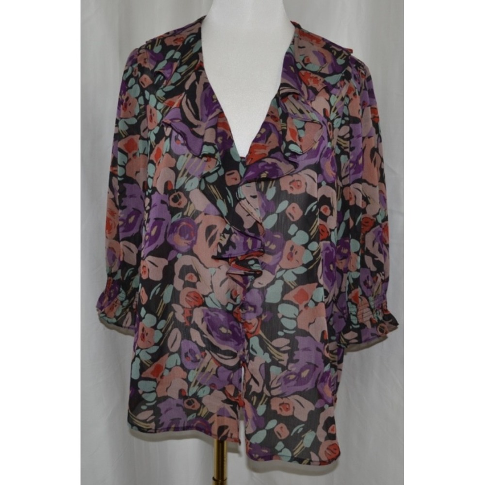 Lauren Ralph Lauren Womens Georgette‎ Floral Ruffled Trim Blouse Size L